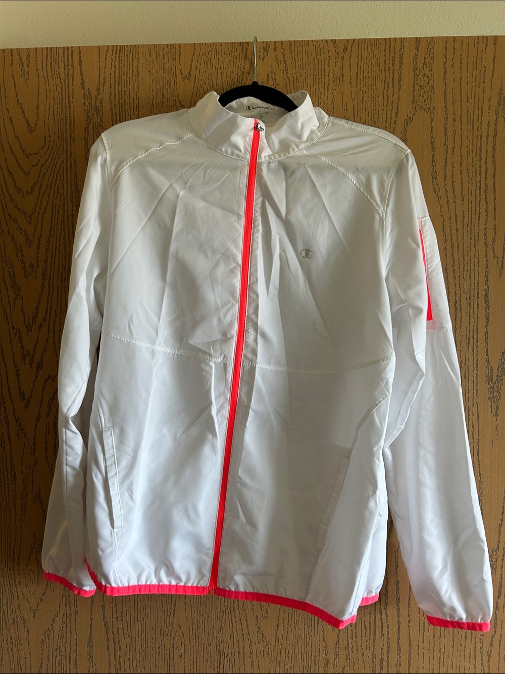 Champion White Windbreaker with Neon Pink Trim